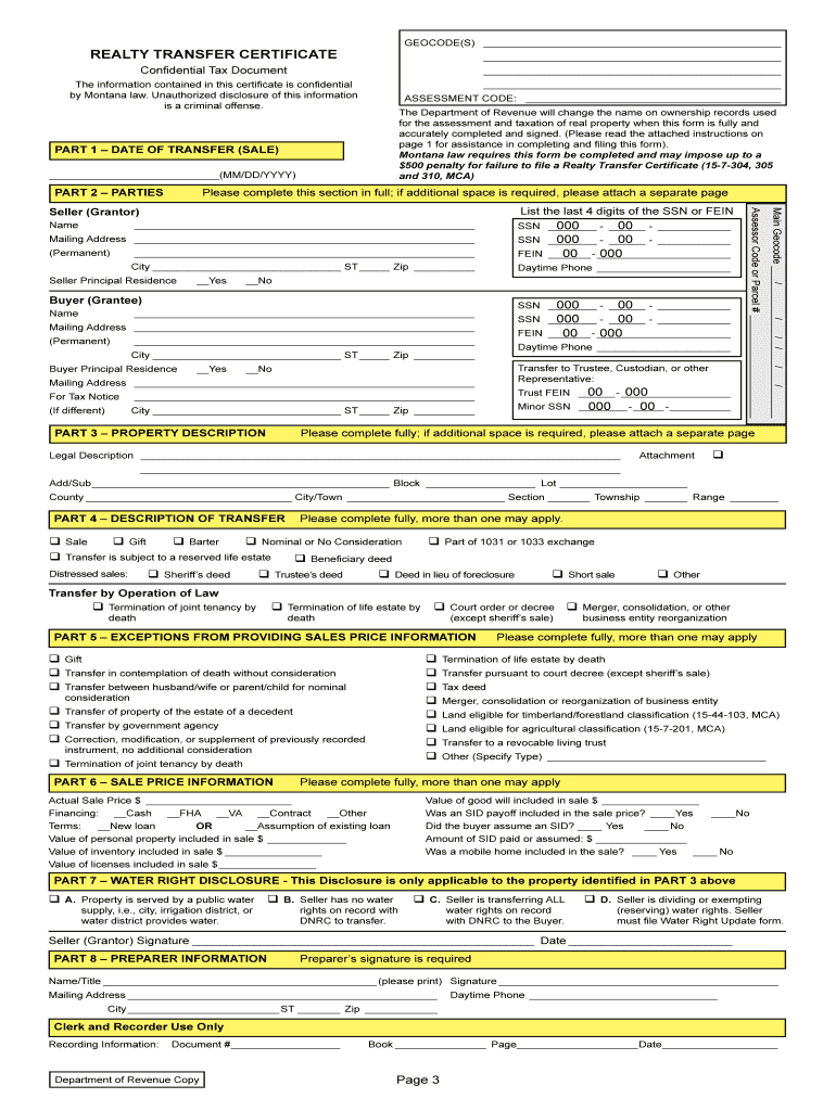 Realty Transfer Certificate RTC Sanders County  Form