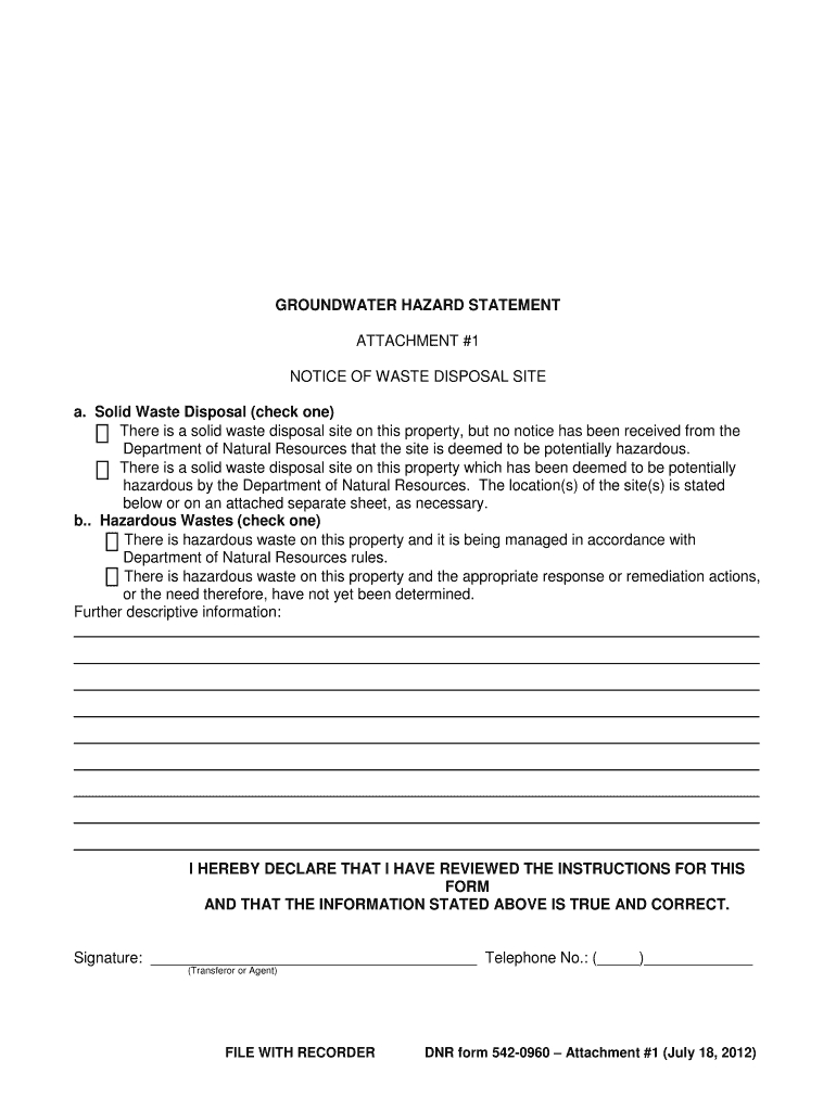 GROUNDWATER HAZARD STATEMENT a Solid Waste Disposal Check  Form