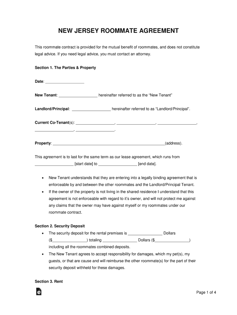 New Jersey Roommate Agreement Form PDFWordeForms