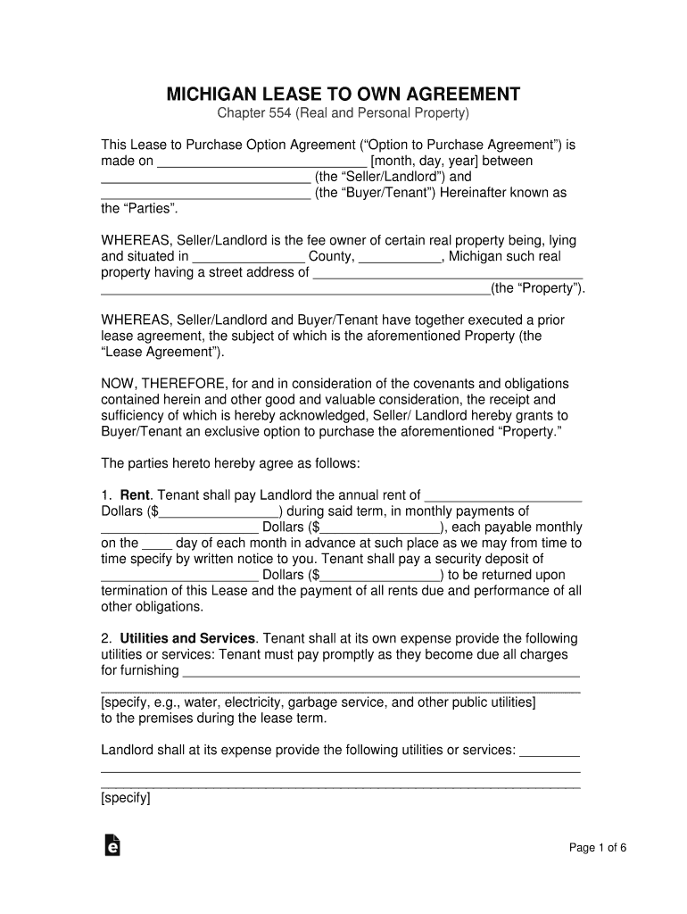 MICHIGAN LEASE to OWN AGREEMENT  Form