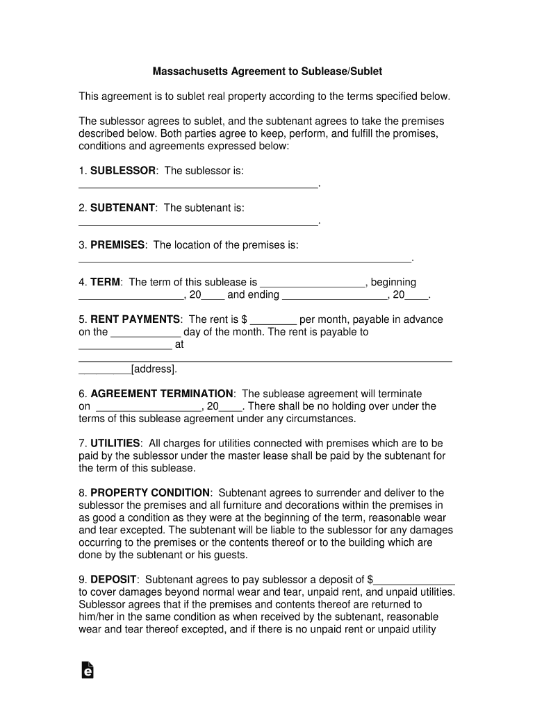 Massachusetts Agreement to SubleaseSublet Form Edit, Fill