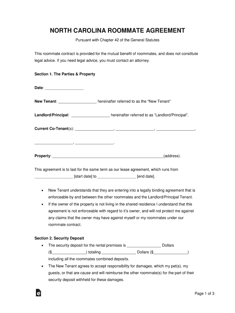 North Carolina Roommate Agreement Form PDFWord