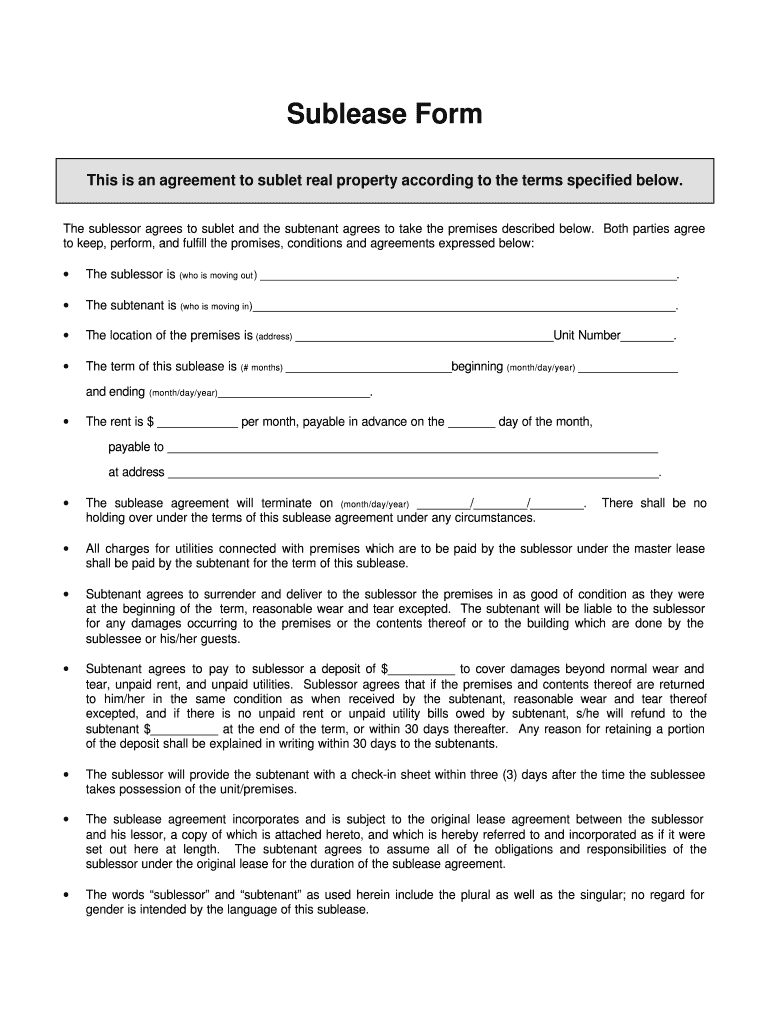 Residential Sublet Agreement Australia Form