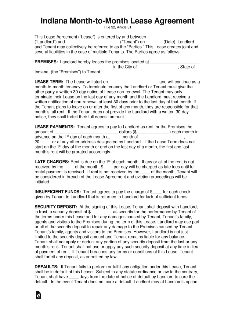 Indiana Standard Residential Lease Agreement Template  Form