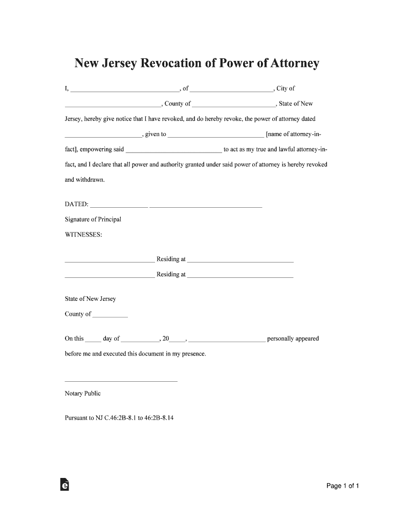 New Jersey Revocation Power of Attorney  Form