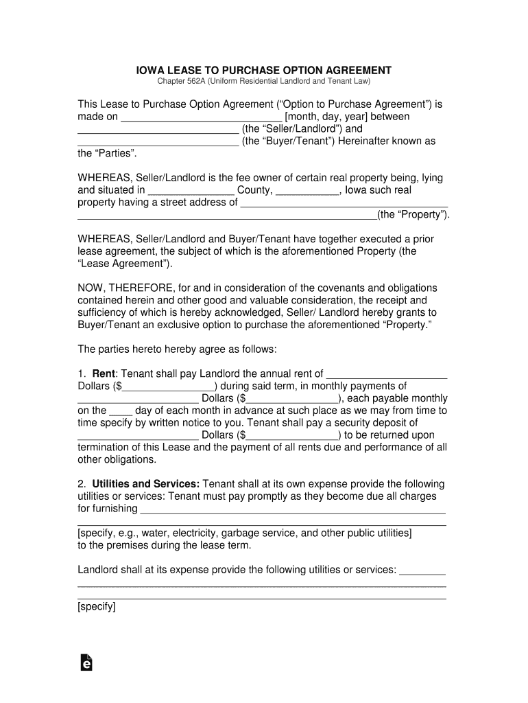 Iowa Lease with Option to Purchase Lease to Own Agreement  Form