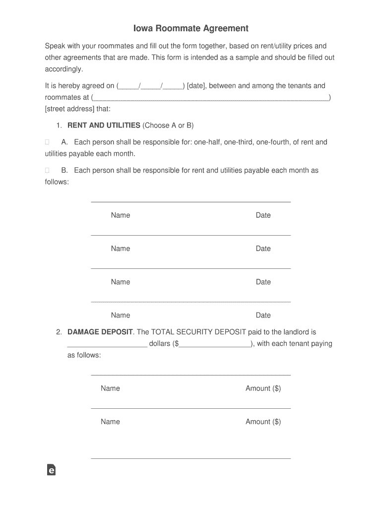 Sample Roommate Agreement the University of Iowa  Form