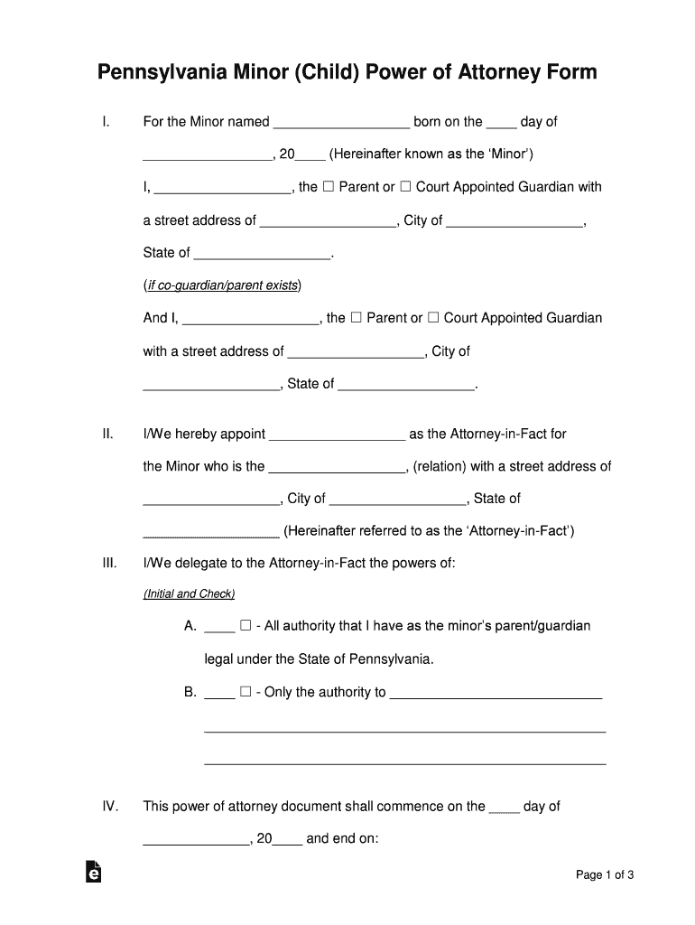 Minor Child Power of Attorney Form Eforms Com