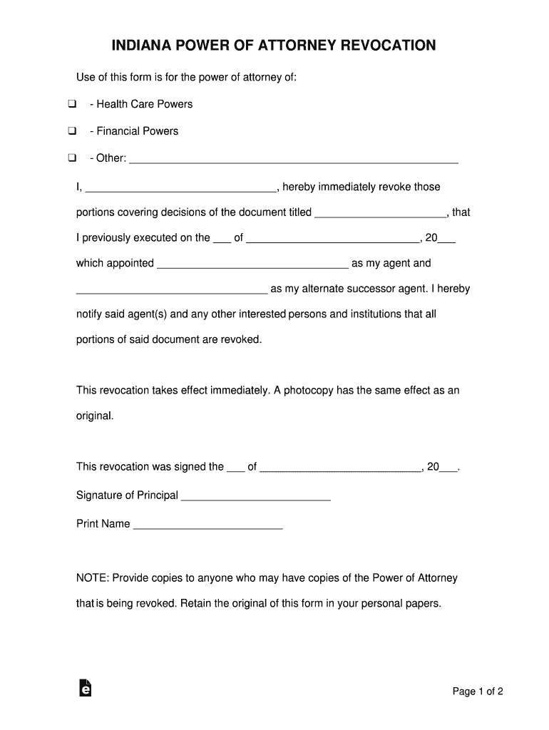 Indiana Power of Attorney Revocation Form