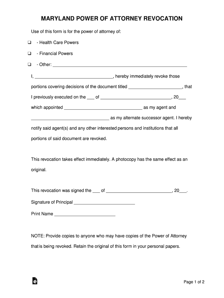 Maryland Power of Attorney Revocation Form PDF