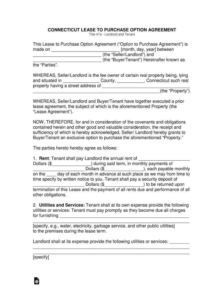 Connecticut Lease to Own Option to Purchase Agreement  Form