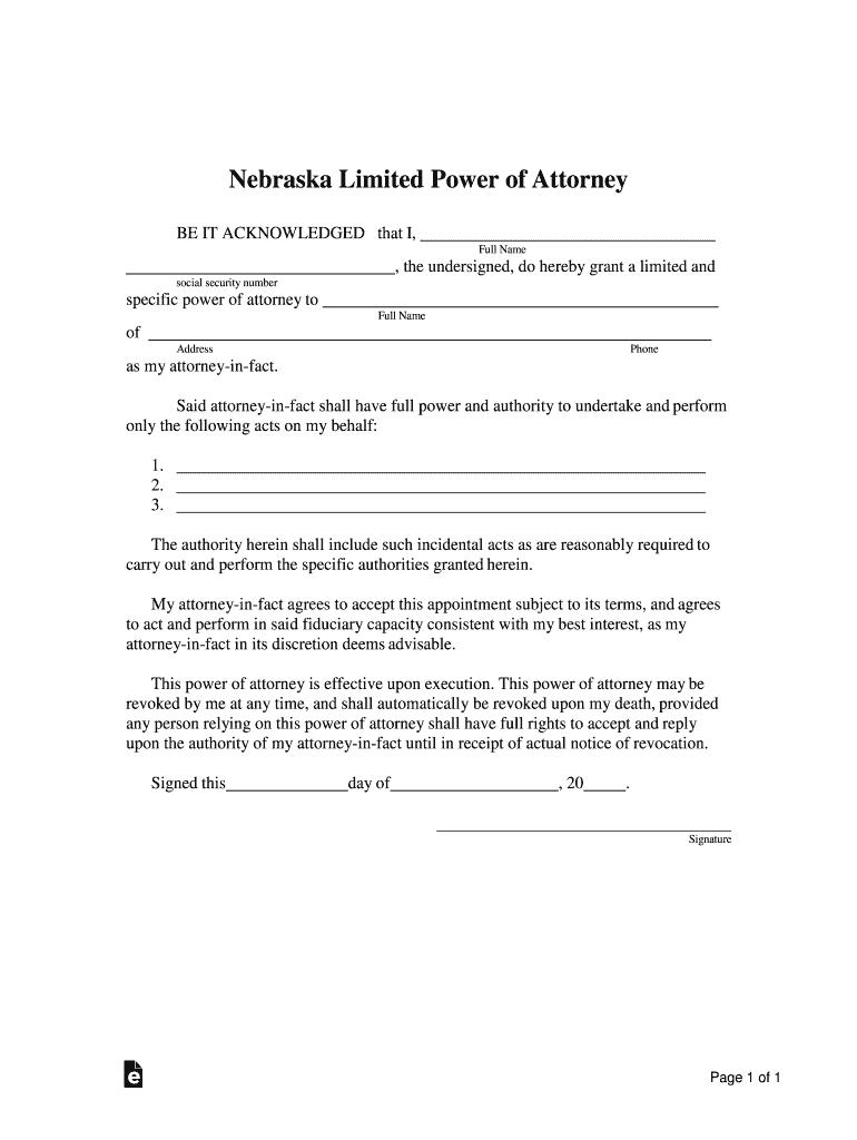 Nebraska Limited Power of Attorney  Form