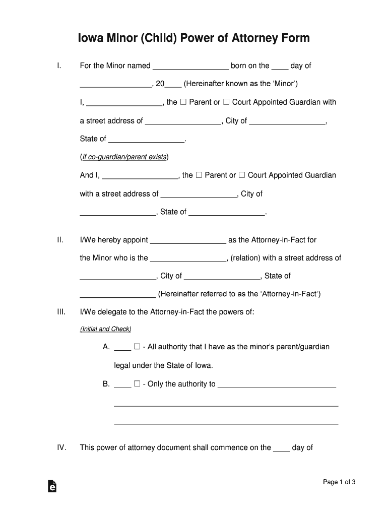 Iowa Minor Child Parental Power of Attorney Template  Form