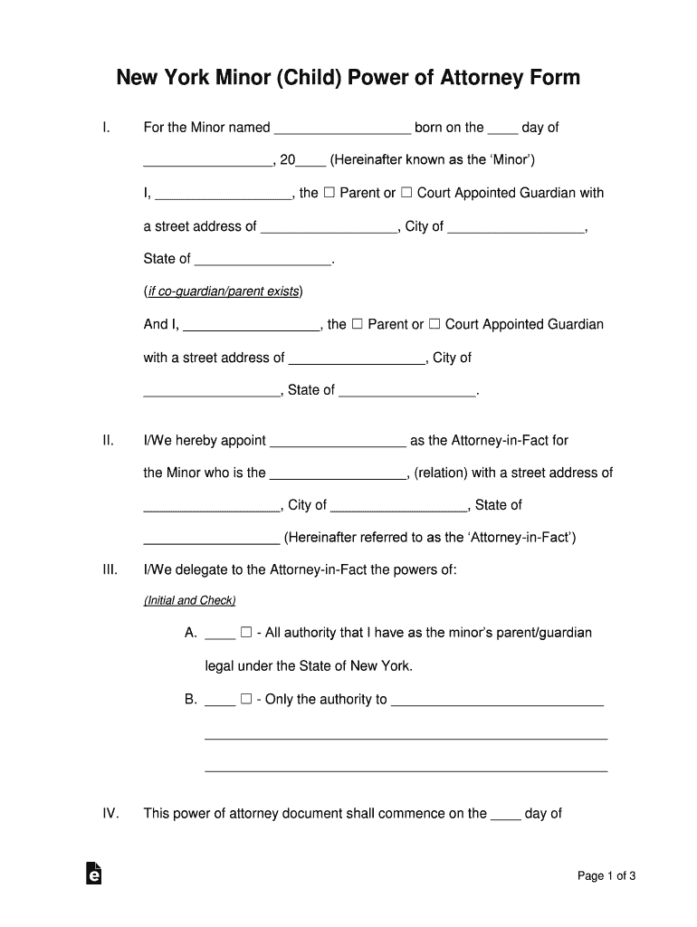 New York Minor Child Parental Power of Attorney  Form