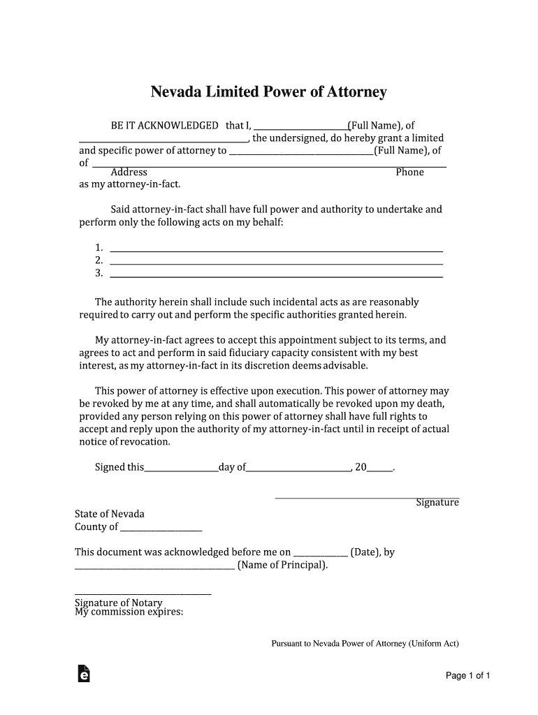 Nevada Limited Power of Attorney  Form
