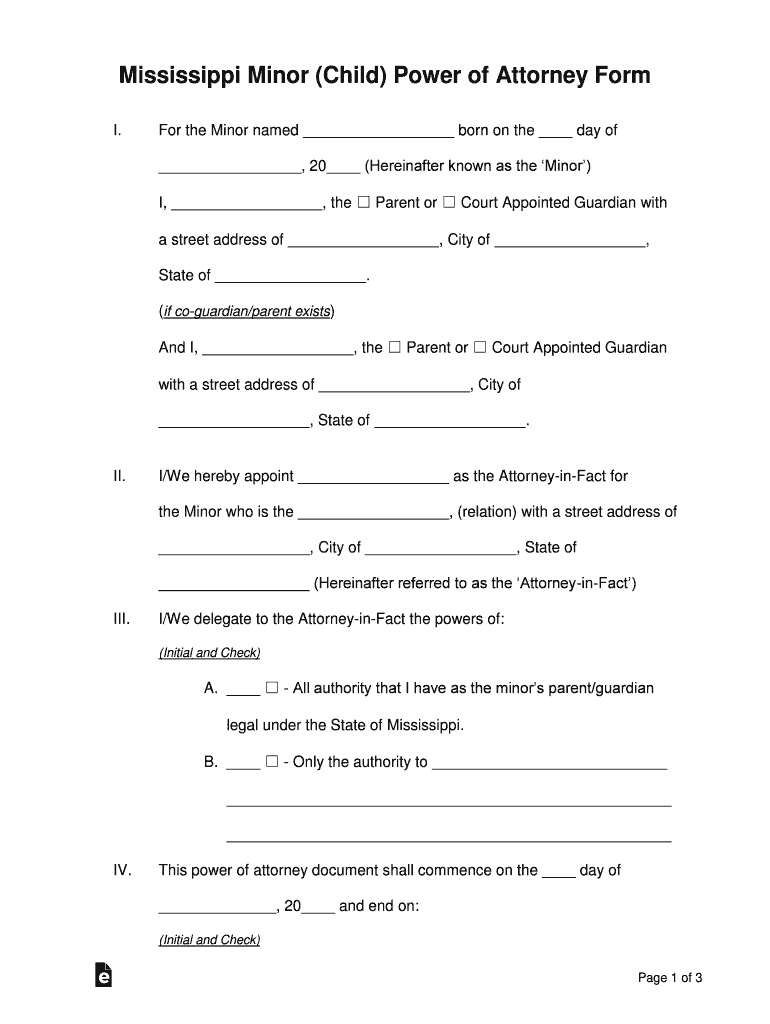 Mississippi Minor Child Parental Power of Attorney  Form