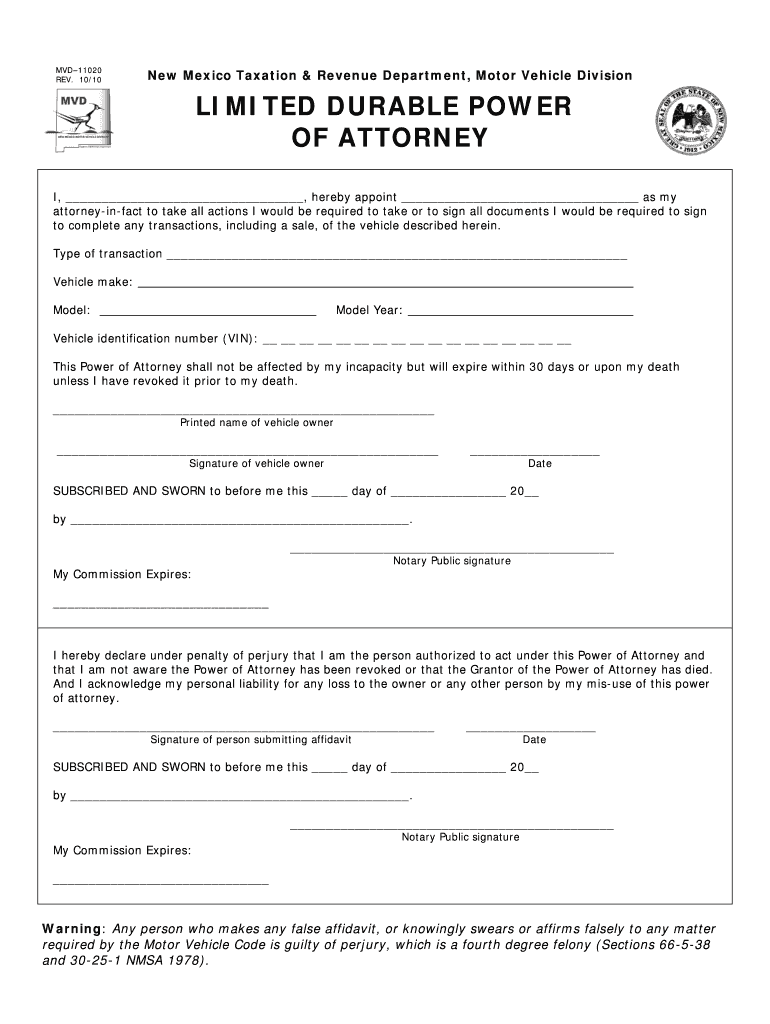 New Mexico Motor Vehicle Power of Attorney Form MVD