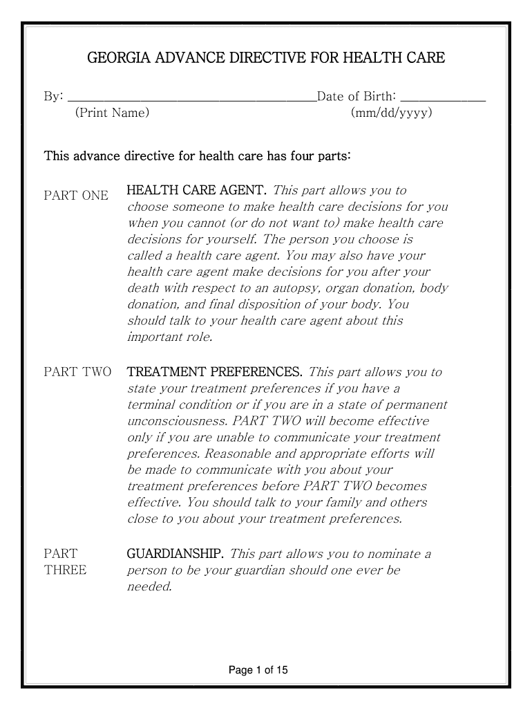 Georgia Advance Directive for Health Care Division of Aging  Form