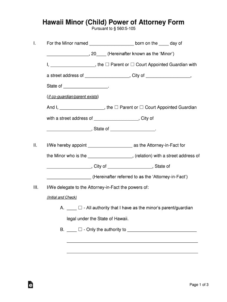 Hawaii Minor Child Parental Power of Attorney Template  Form