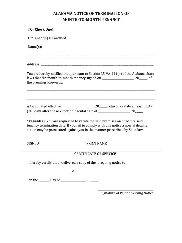 Alabama Notice of Lease Termination DOC  Form