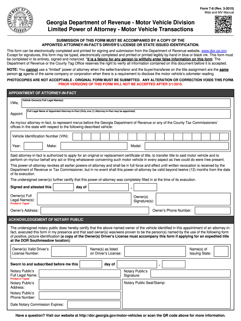 T 8 Limited Power of AttorneyMotor Vehicle Transactions  Form