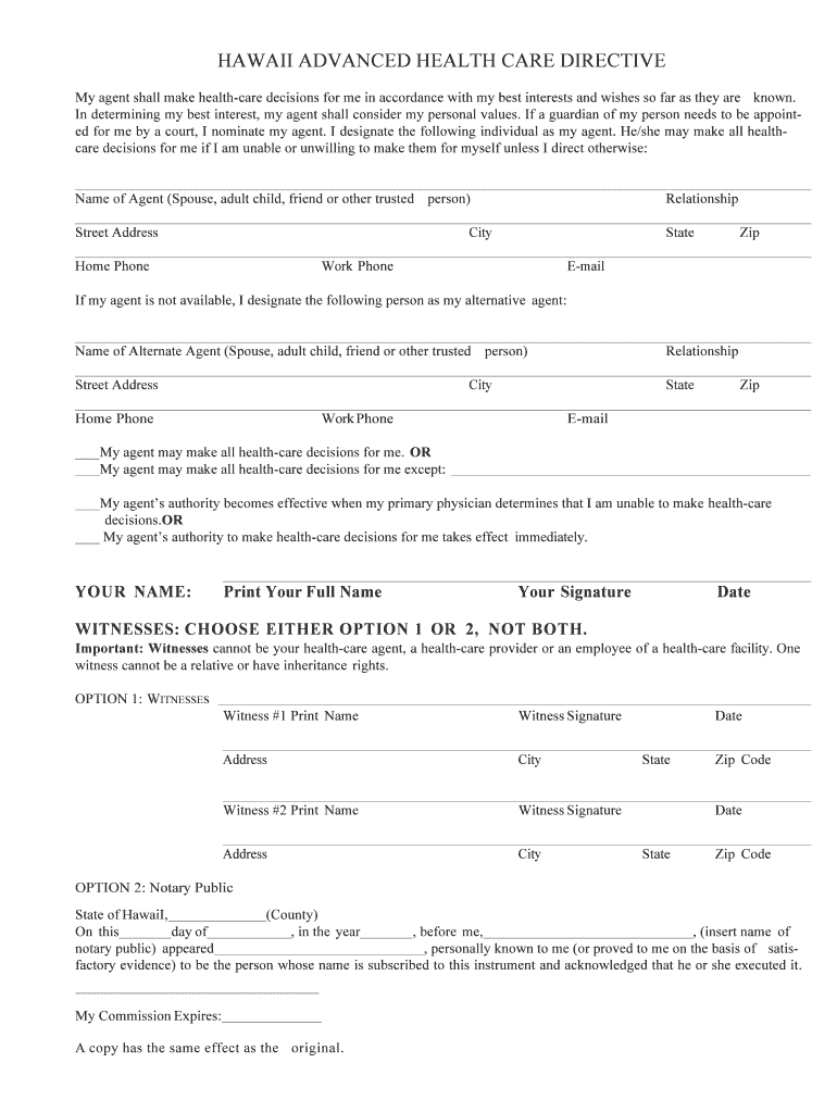 ADVANCE HEALTH CARE DIRECTIVE FORM Hawaii State