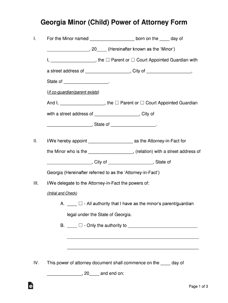 Georgia Minor Child Power of Attorney Form