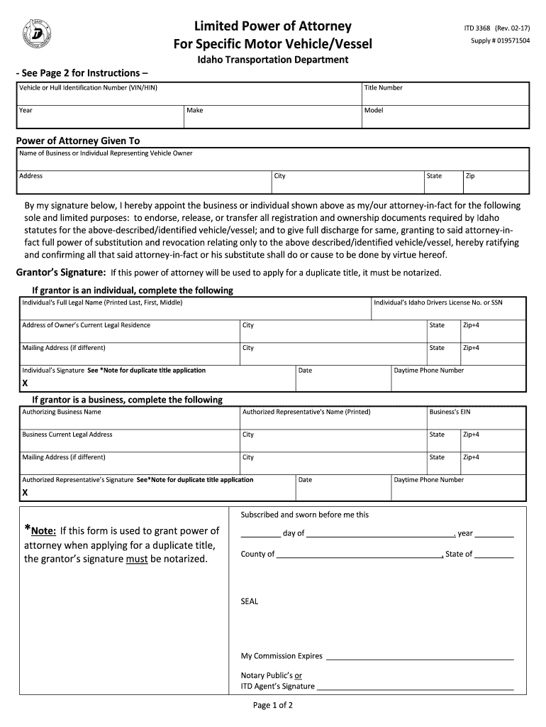 Idaho Motor Vehicle Power of Attorney Form ITD 3368