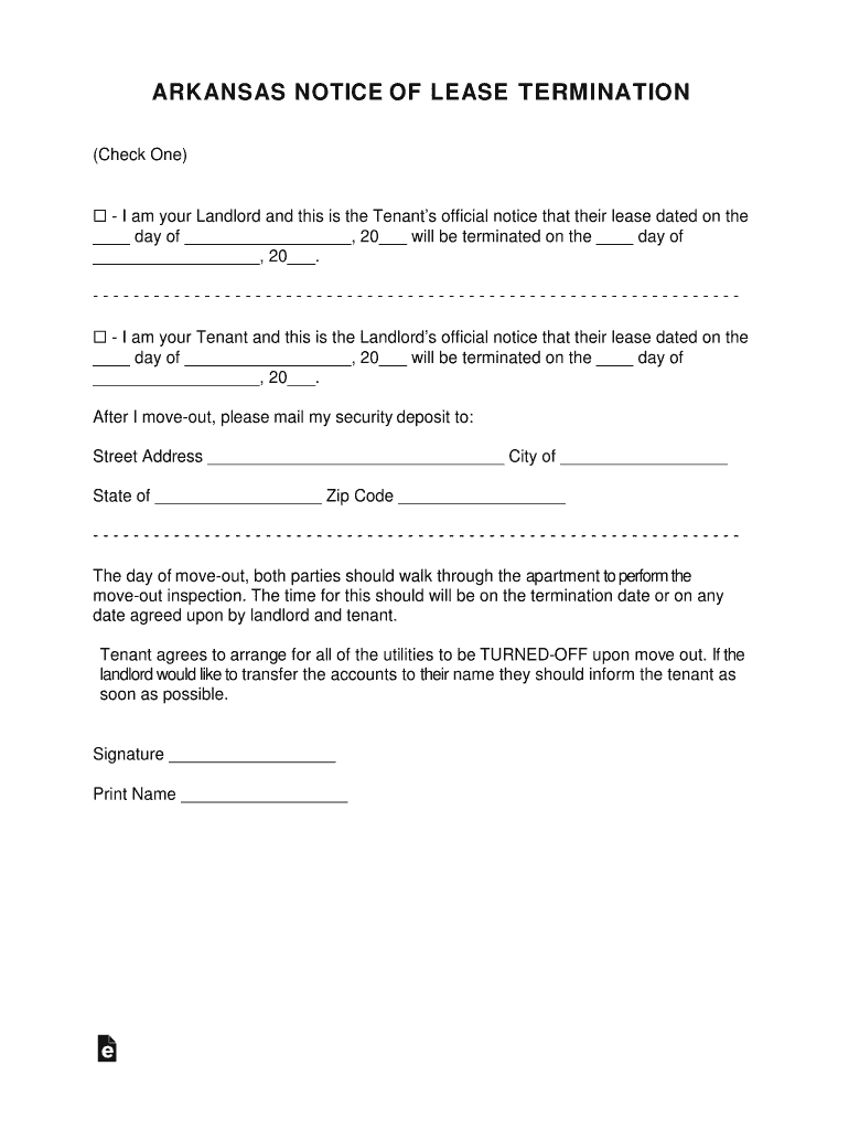 Arkansas Lease Termination Letter Form30 Day Notice