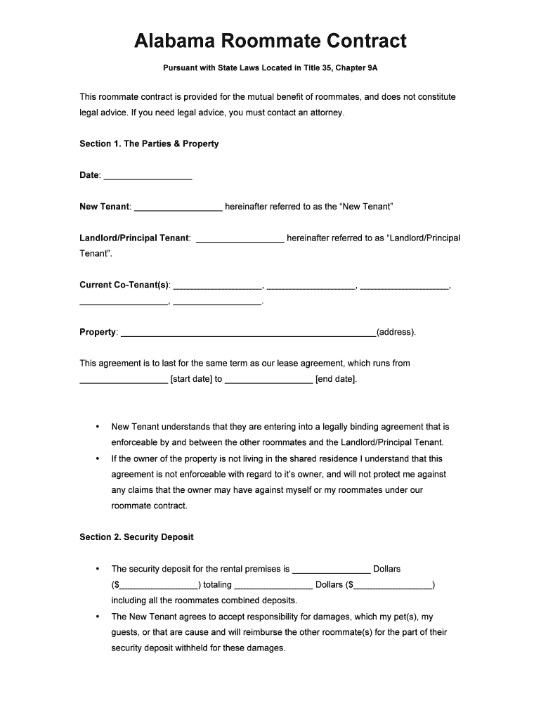 Alabama Roommate Agreement DOCX  Form