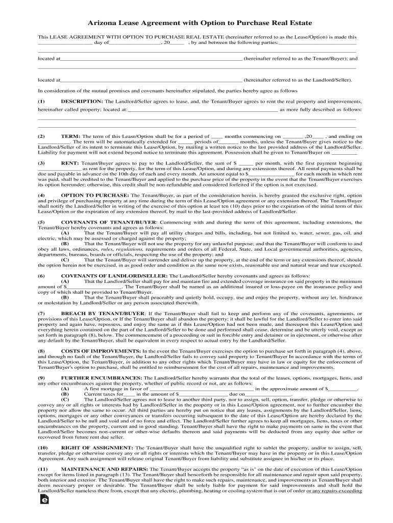 Arizona Lease with Option to Purchase Lease to Own  Form