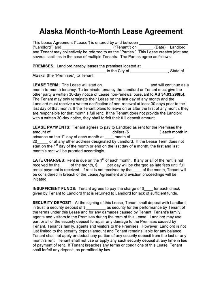 Alaska Month to Month Rental Agreement DOCX  Form