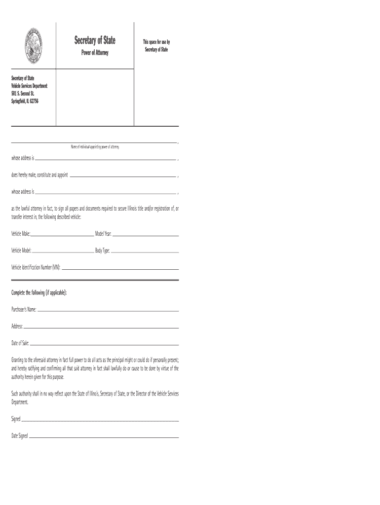 Bill of Sale Form Illinois Vehicle Power of Attorney Form