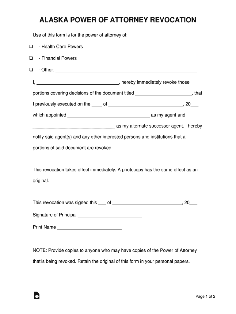 Alaska Revocation of a Power of Attorney Form PDF