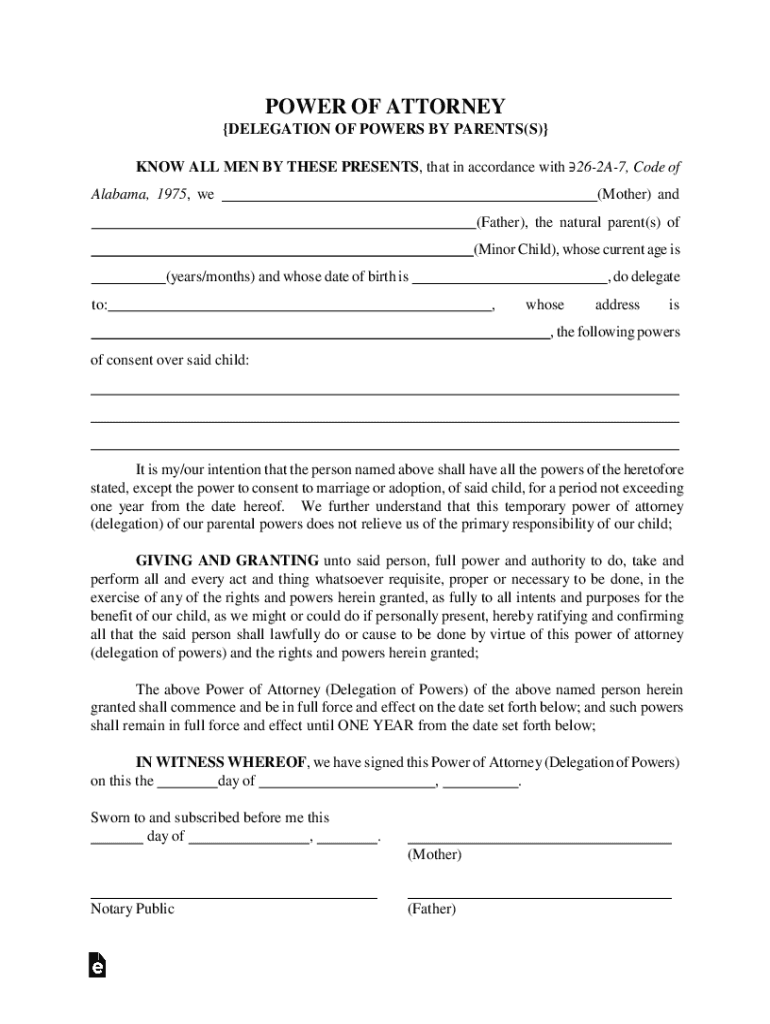 Alabama Minor Children Power of Attorney Form