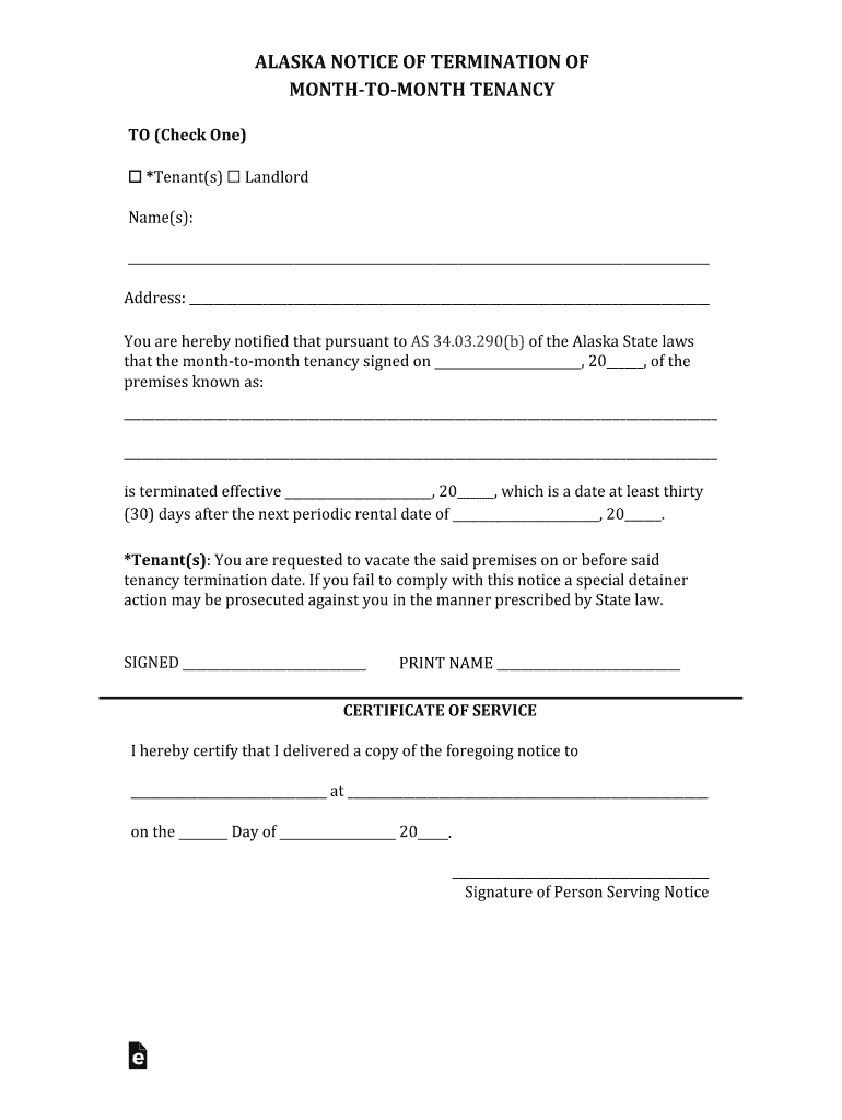 Alaska Termination Lease Letter Form30 Day Notice