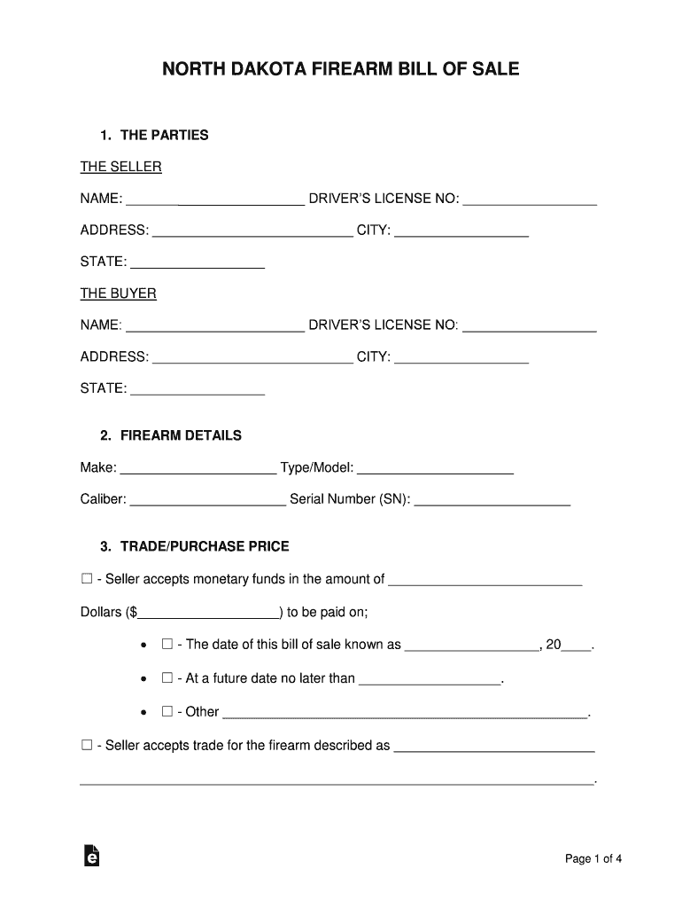 North Dakota Firearm Bill of Sale  Form