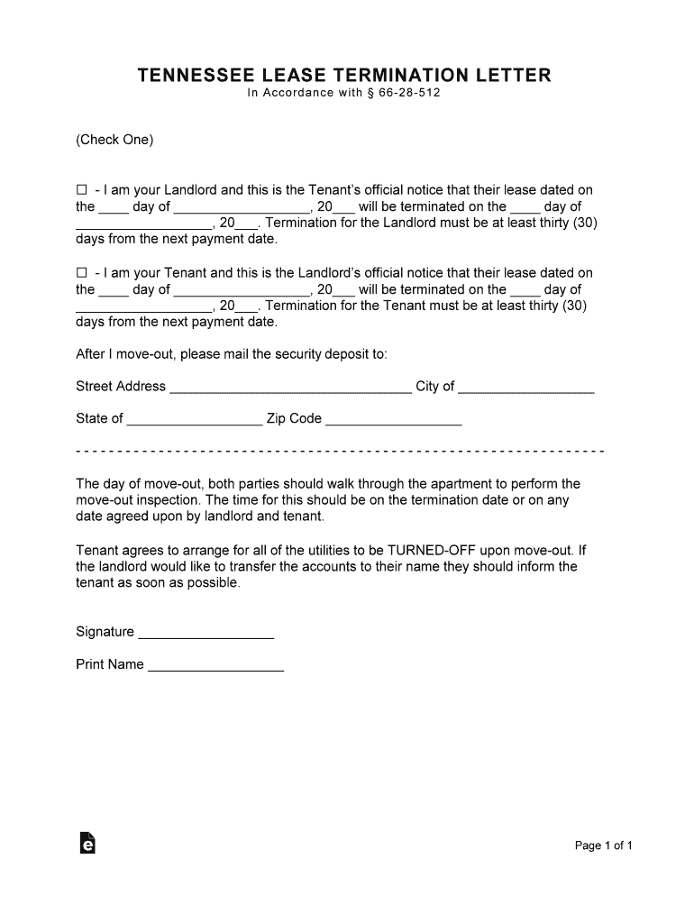 Tennessee Termination of Lease 30 Day Notice LawLandlord  Form