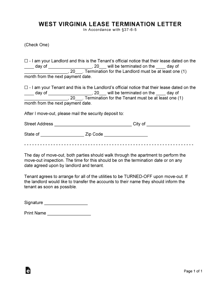 Virginia Lease Termination Letter Form30 Day Notice