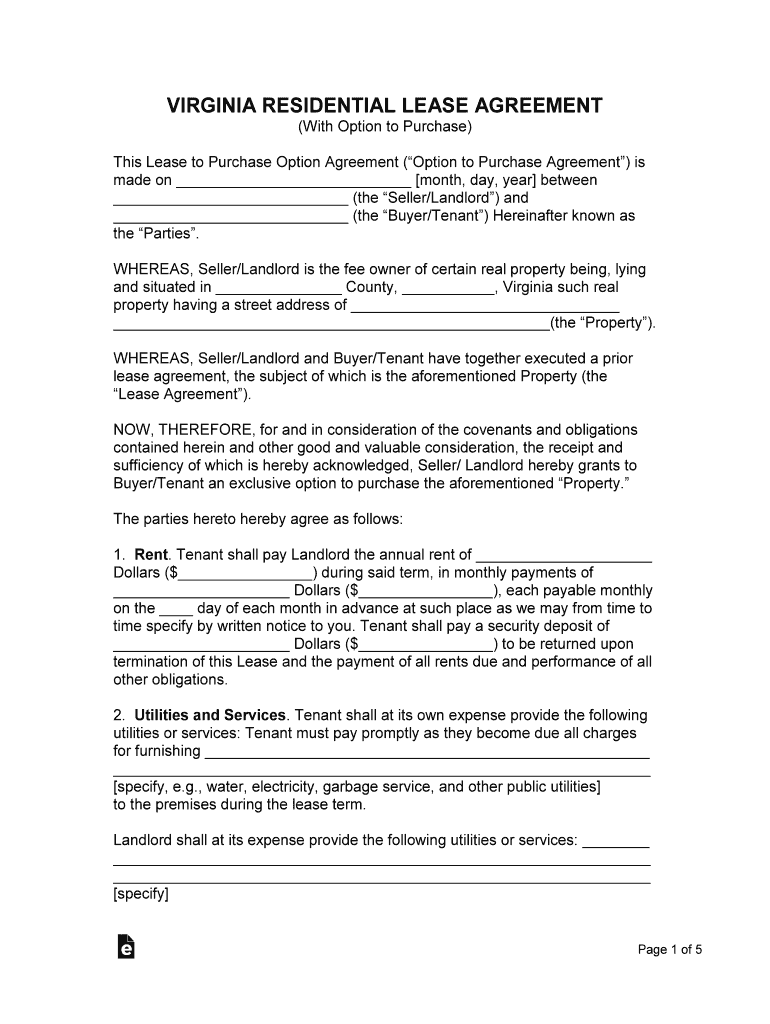 Virginia Lease Agreement with Option to Purchase Form