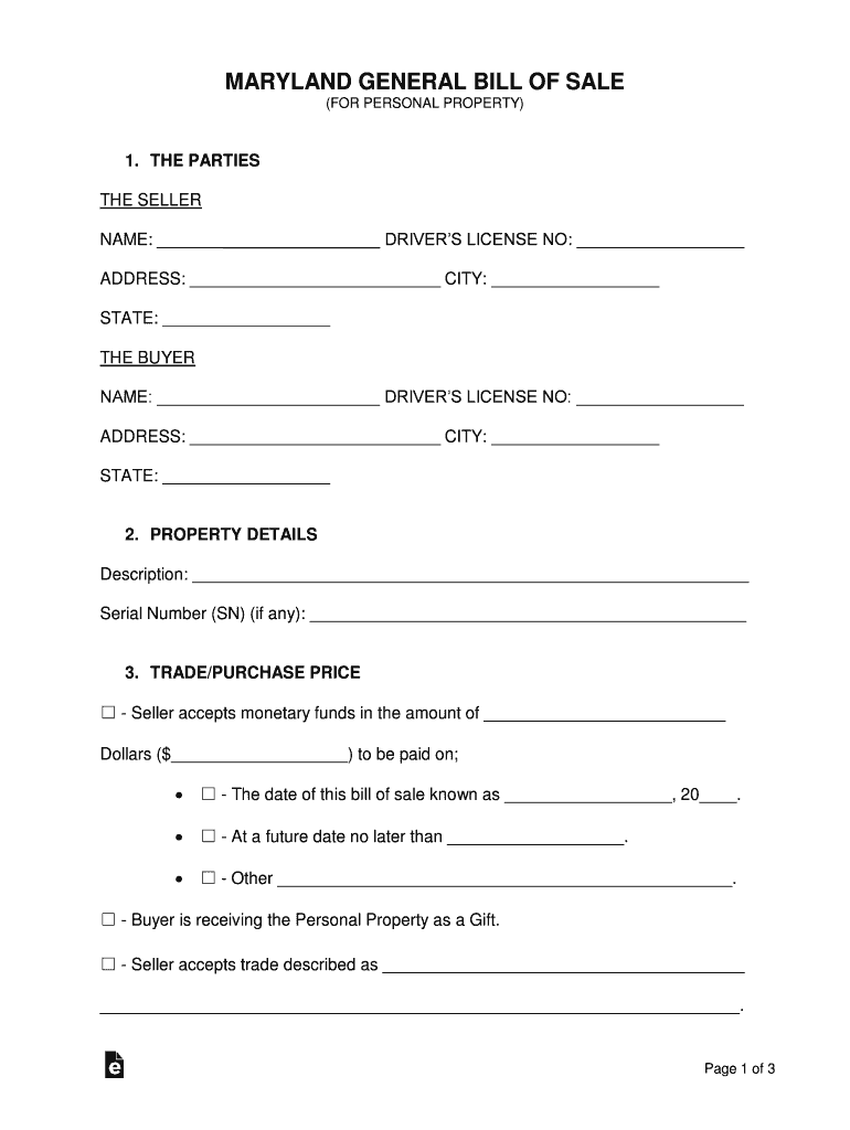 Maryland General Bill of Sale - Fill Out and Sign Printable PDF