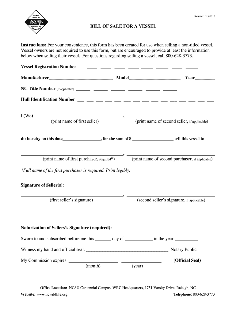 Instructions for Your Convenience, This Form Has Been Created for Use When Selling a Non Titled Vessel