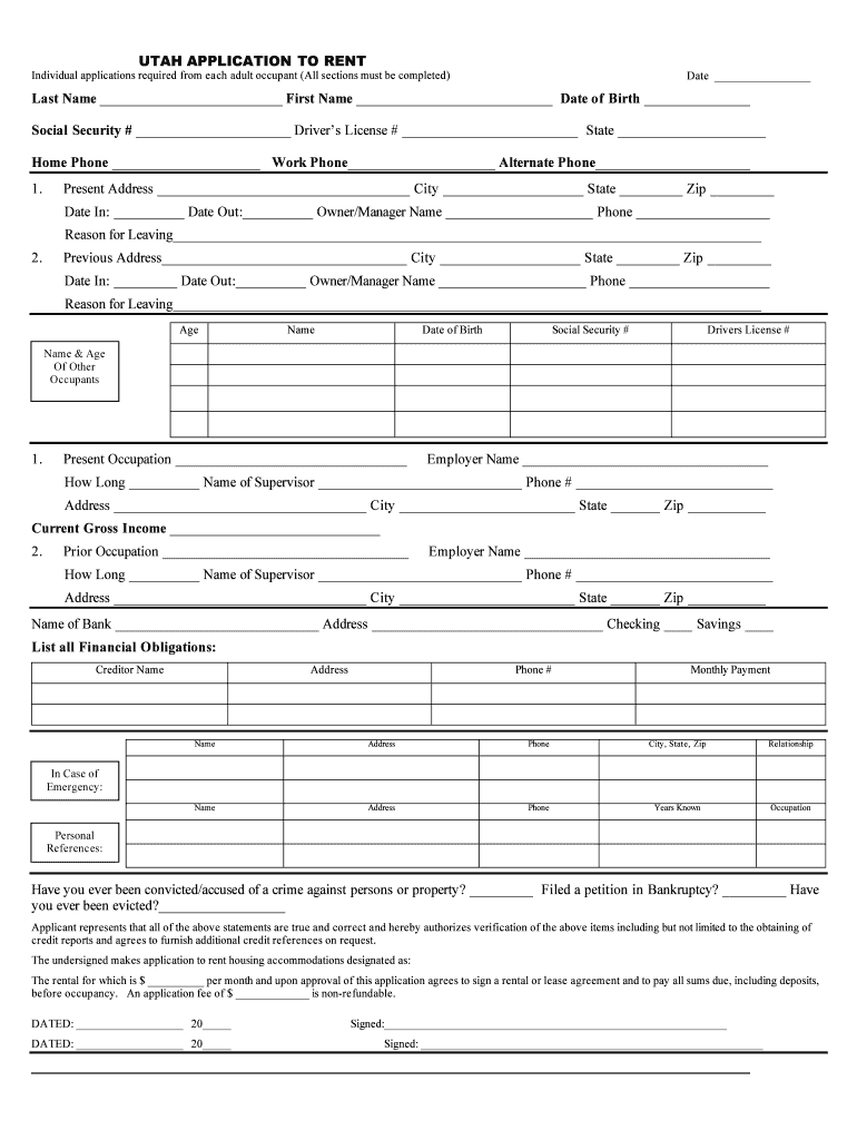 Rental Application Form Utah Download Printable PDF