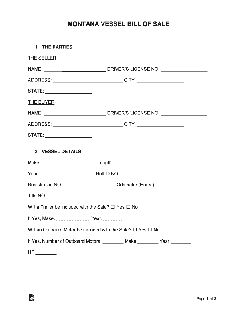 Montana Vessel Bill of Sale  Form