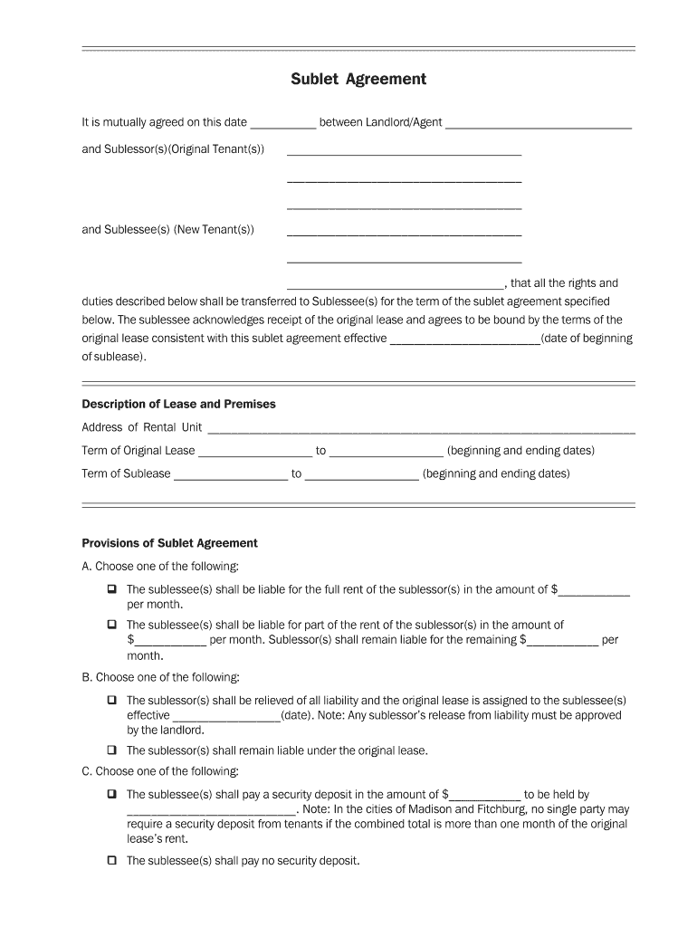 Download Wisconsin Sublease Agreement Form for