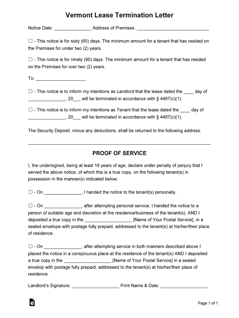 Vermont Lease Termination Letter Form60 or 90 Day Notice