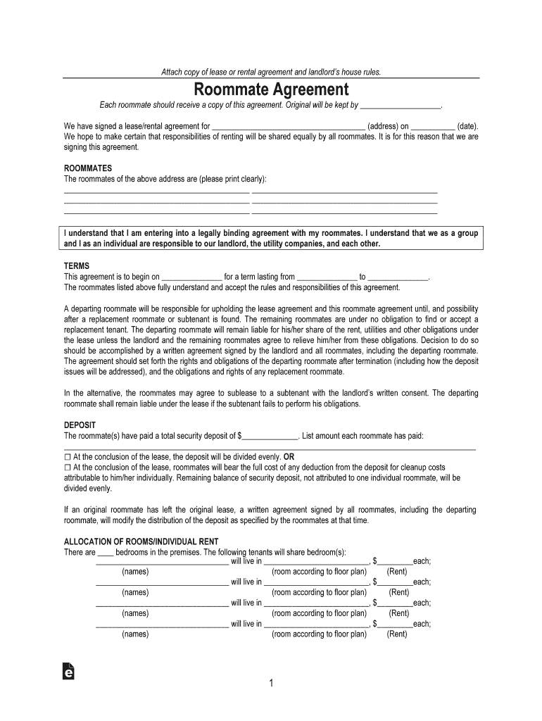 Printable Sample Roommate Agreement Form Pinterest