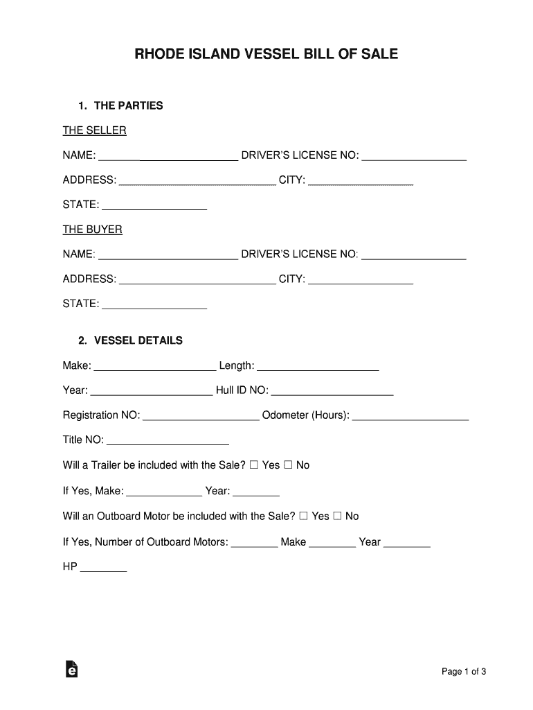 Rhode Island Vessel Bill of Sale  Form