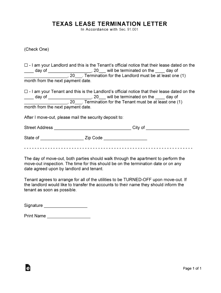 Texas Lease Termination Letter Form 30 Day Notice