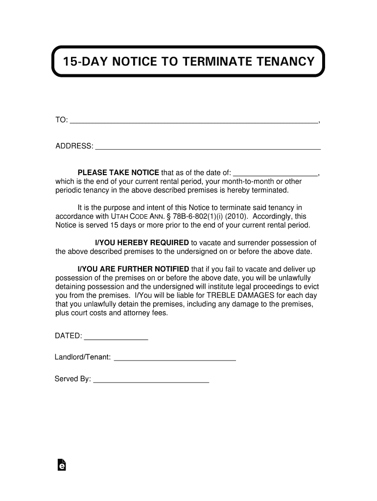 15 Day Notice to Terminate Tenancy Forms for Utah Landlords